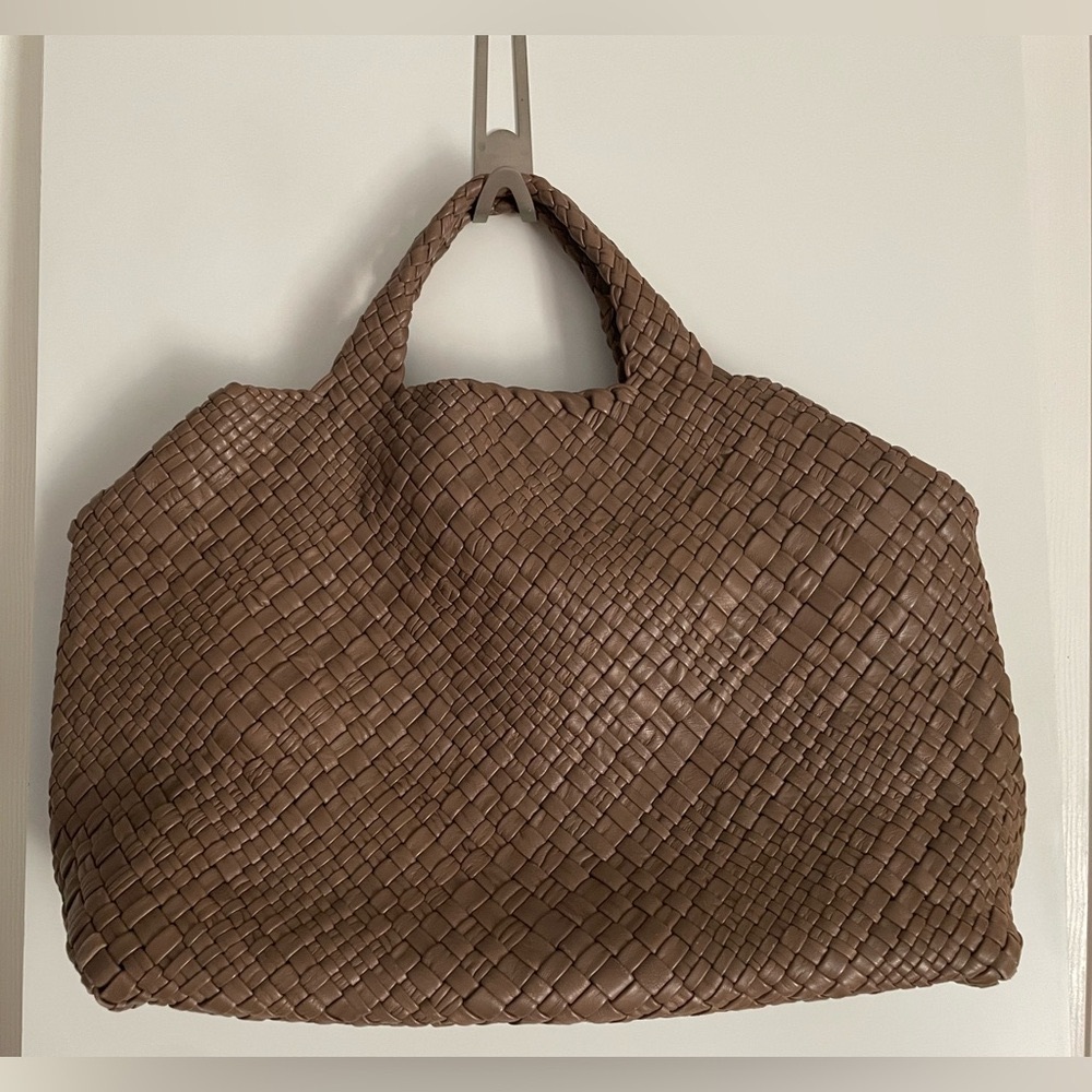 FALOR Italy Genuine Handmade Leather Woven Large Tote Hand Bag Mocha Brown nwot